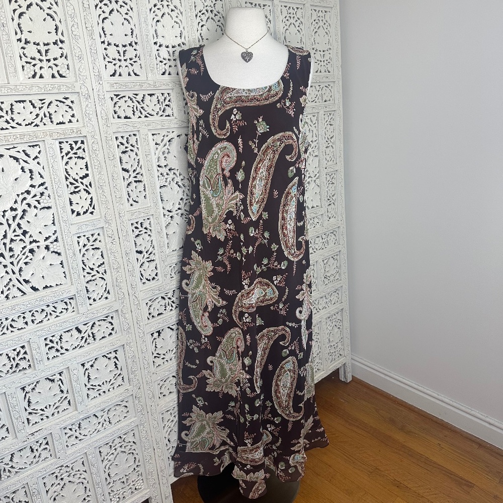 Vintage Brown Paisley Boho‎ Prairie Cottage Core Ruffle Sleeveless Maxi Dress